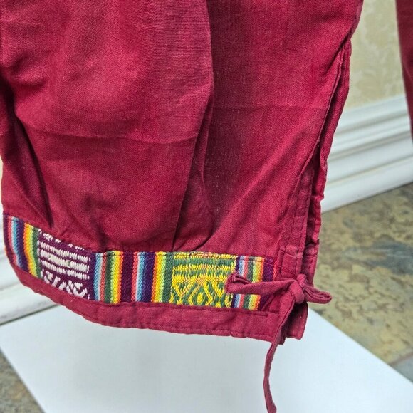 Indian Cotton Pants Dark Red Colorful Stripes Elastic Waist Adj Ankle Ties - Picture 6 of 13